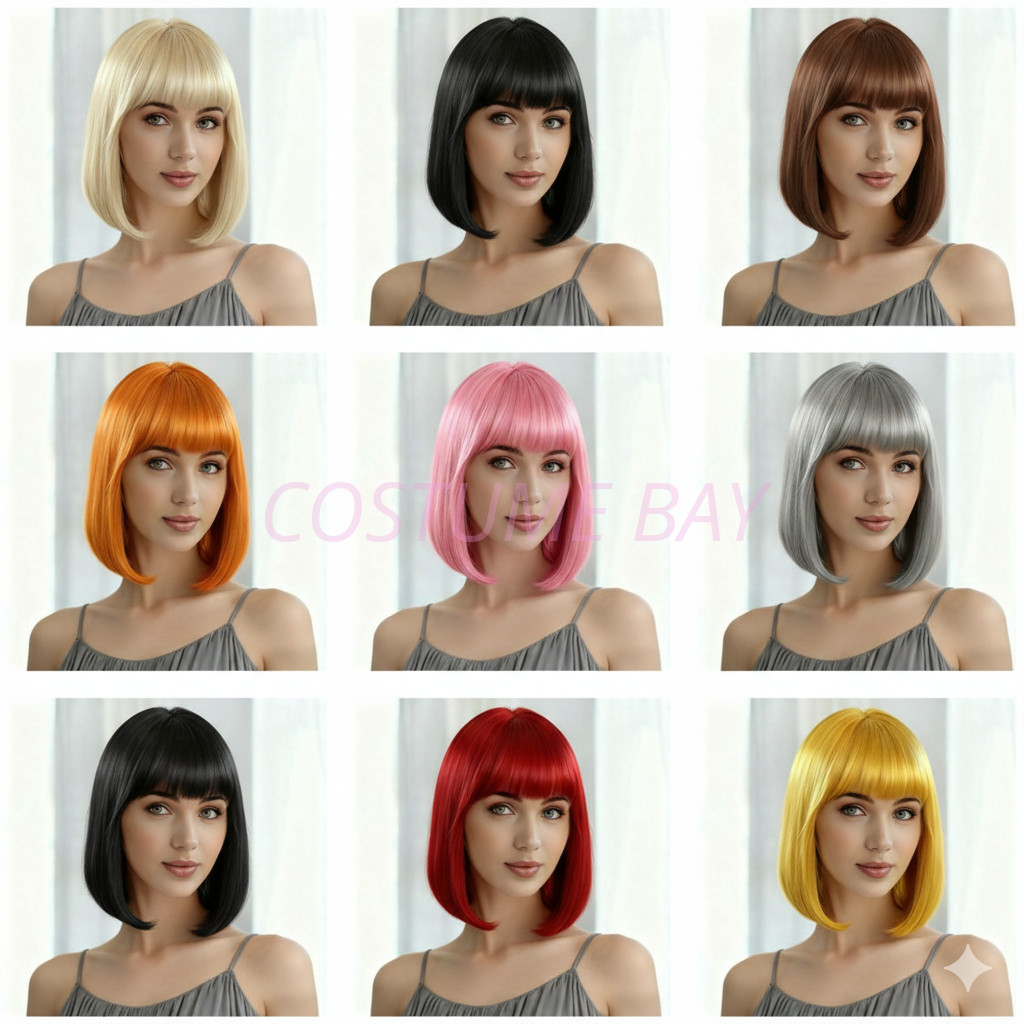 Synthetic Bob Wig Bangs Short Straight Hair Cosplay Fashion Multiple Colors AU