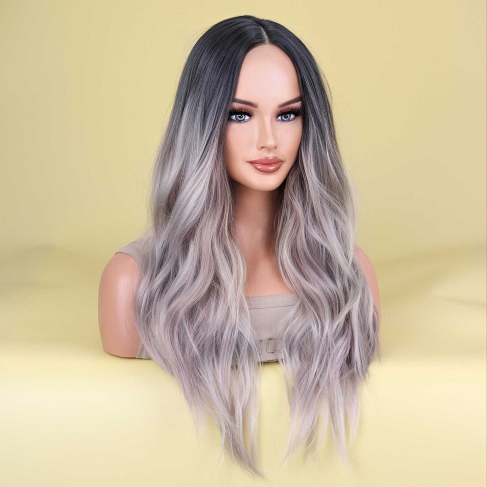 Women Wavy Hair Wigs Full Head Wigs Black Grey Gradient Curly Hair Wave Wigs