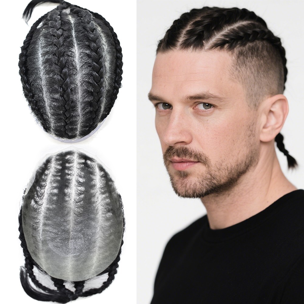 Cornrow Braids Toupee for Men Hairpiece Box Braided Mens Hair Unit Male Braiding