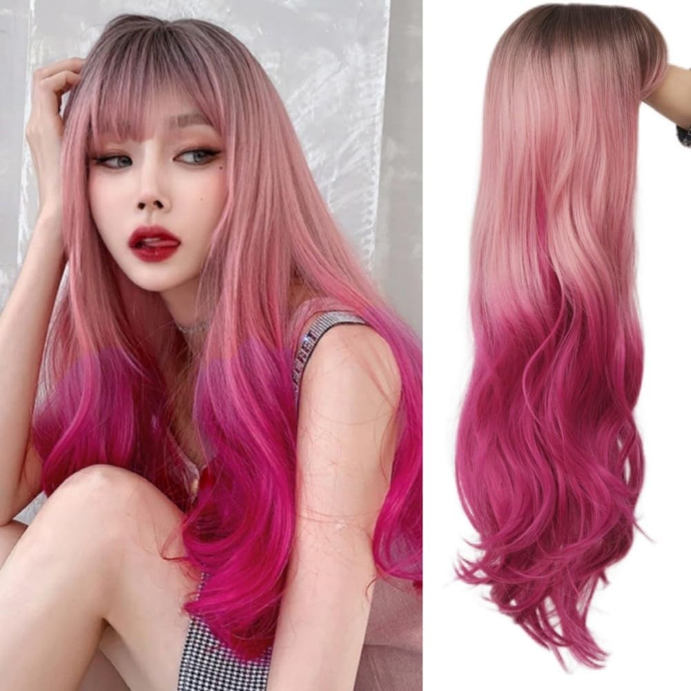 Ombre Pink Long Wig with Bangs Dark Root Curly Wavy Wigs Synthetic Heat Resis…