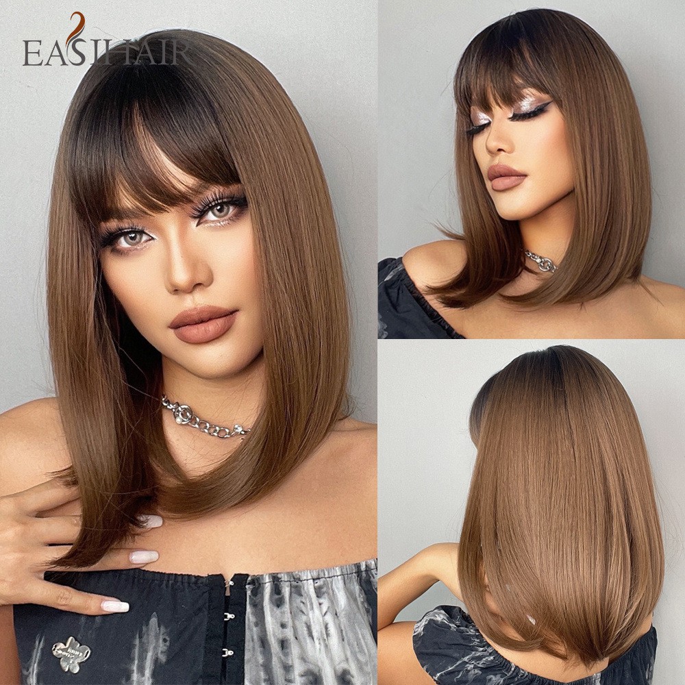 Natural Black Brown Ombre Shoulder Length Short Straight Full Wig With Bangs