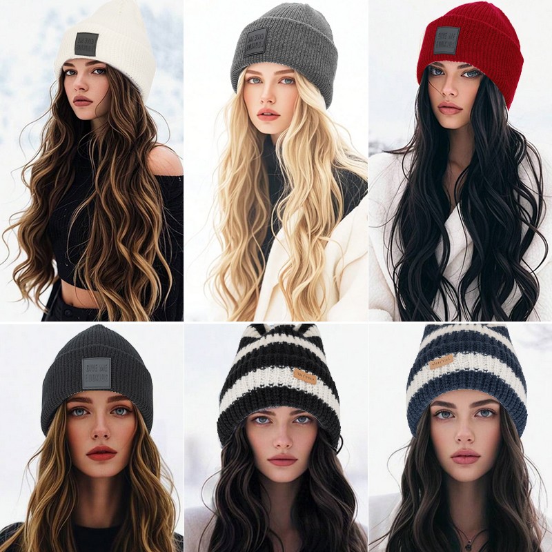 Beanie Hat with Hair for Women Knit Beanie Winter Warm Slouchy Cable Hat Wig 11″