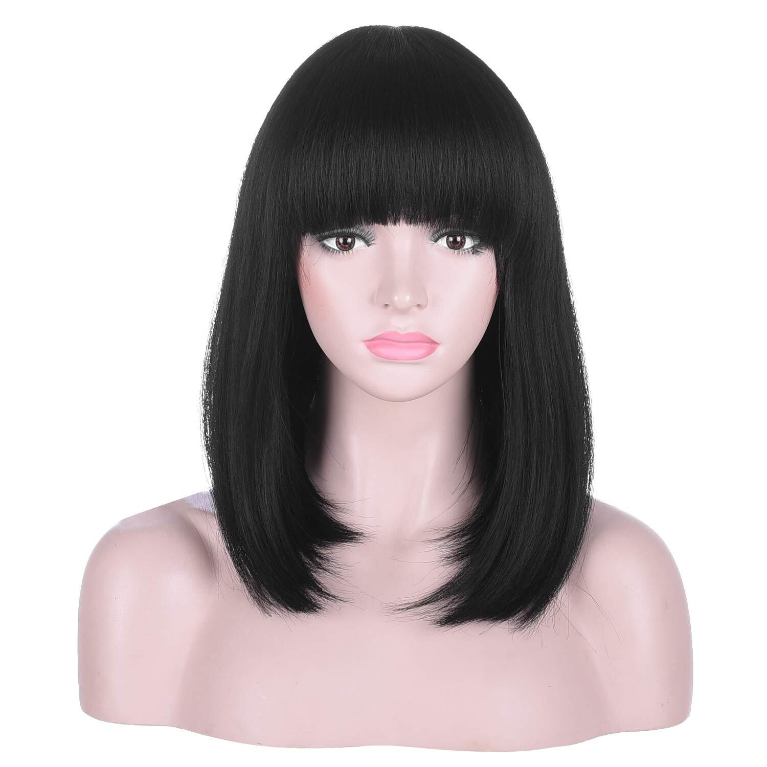 Women’s Black Bob Wig Short Straight Synthetic Fiber Hair Full Bangs Cosplay Wig