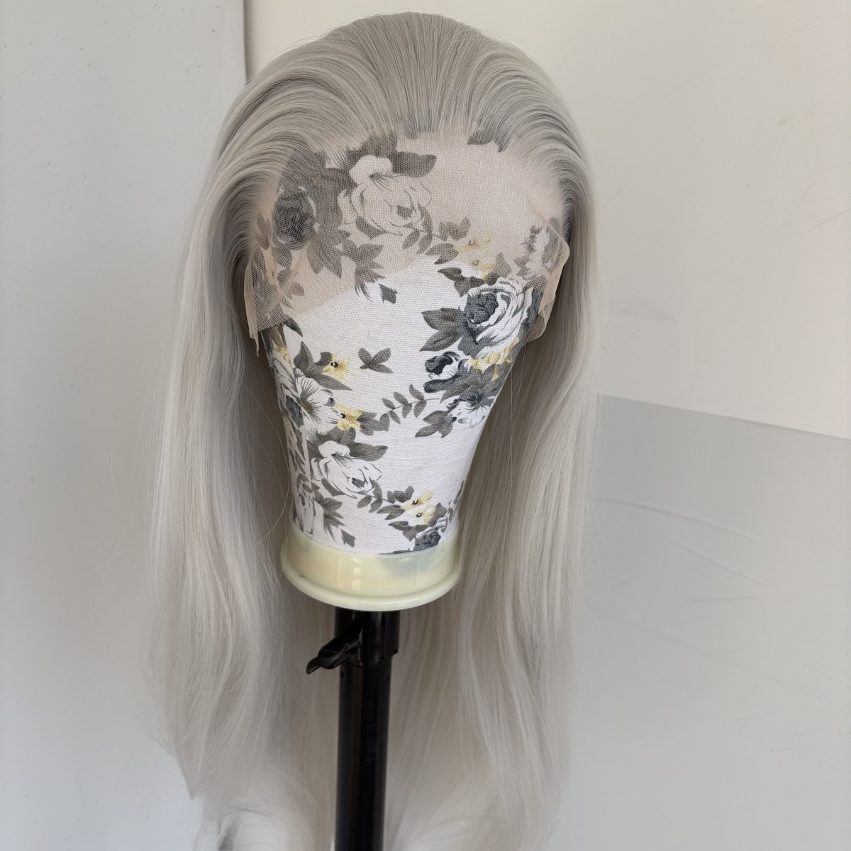 Pre Plucked Synthetic Hair Silver Long Straight Lace Frontal Wig Natural