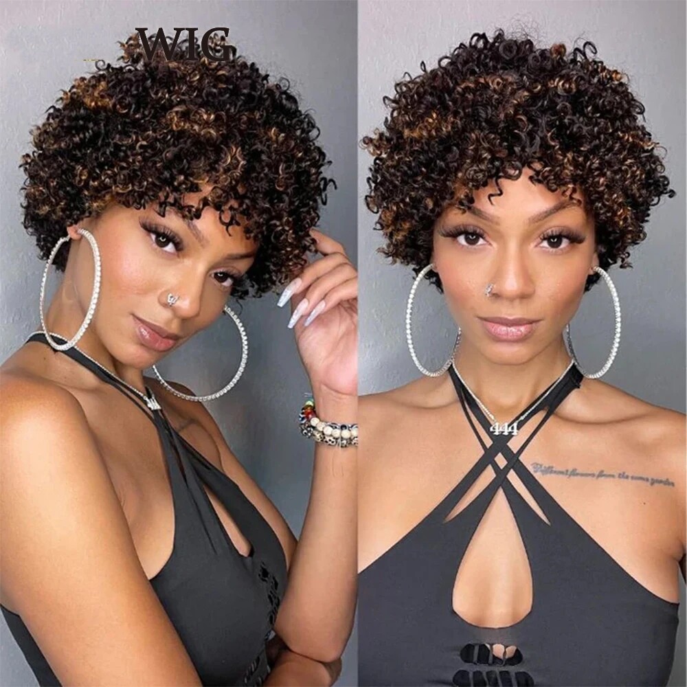 Blonde Highlights Afro Kinky Curly Pixie Cut Wig 150% Full Machine Made Wig