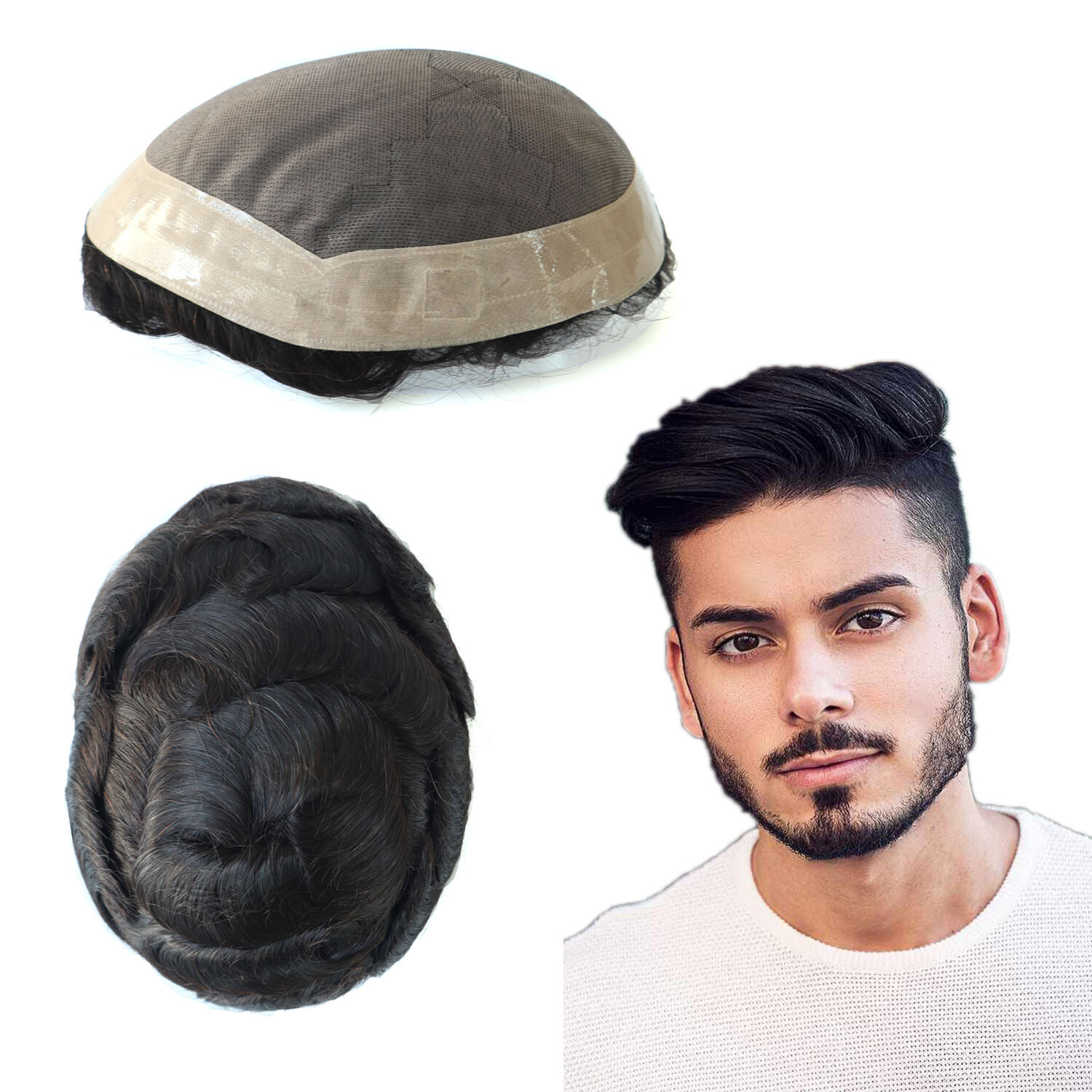 Mens Human Hair Replacement System Fine Mono Toupee Indian Hairpiece Dark Brown