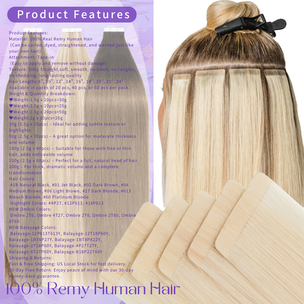 20PCS Skin Tape In 100% Russian Remy Human Hair Extentions Full Head Thick Weft