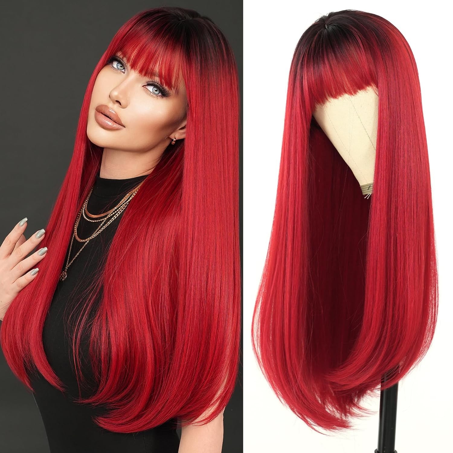 7JHH WIGS Long Straight Dark Red Wig with Bangs 28in Red Wig with Black Roots