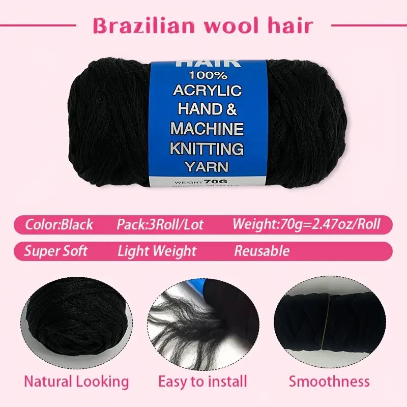 3 Rolls Brazil Brazilian Wool Hair Yarn for Braiding and Weaving.