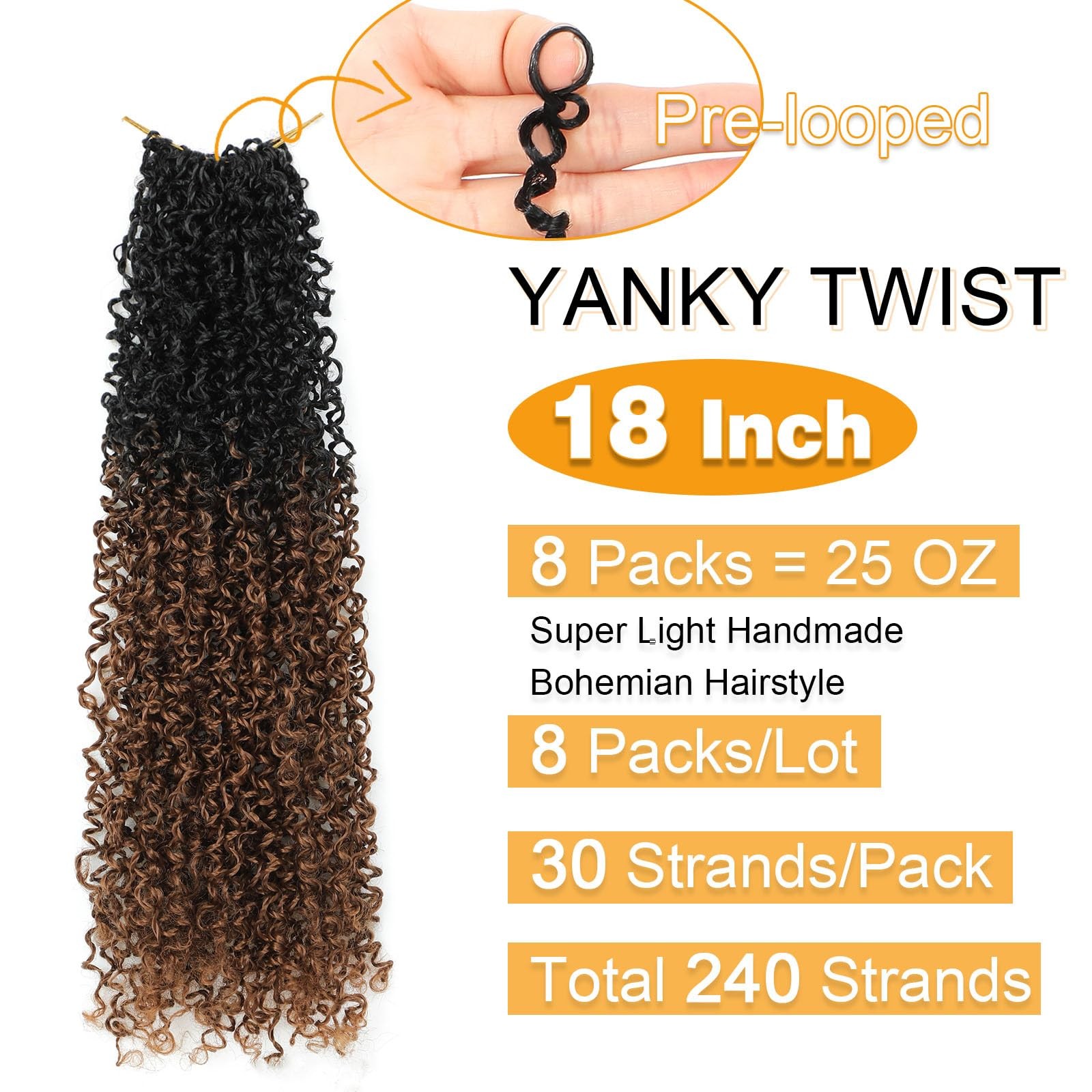 Aksice 18″ 8-Pack Yanky Twist Crochet Hair Pre-looped Mini Braids for Women