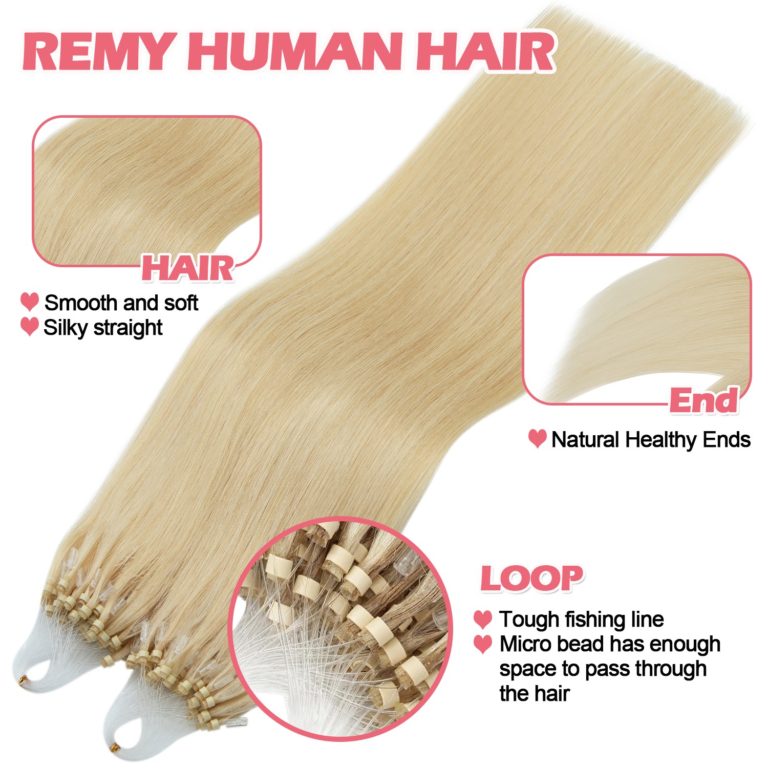 300PCS THICK Micro Loop Real Remy Human Hair Extensions Nano Ring Bead Full Head