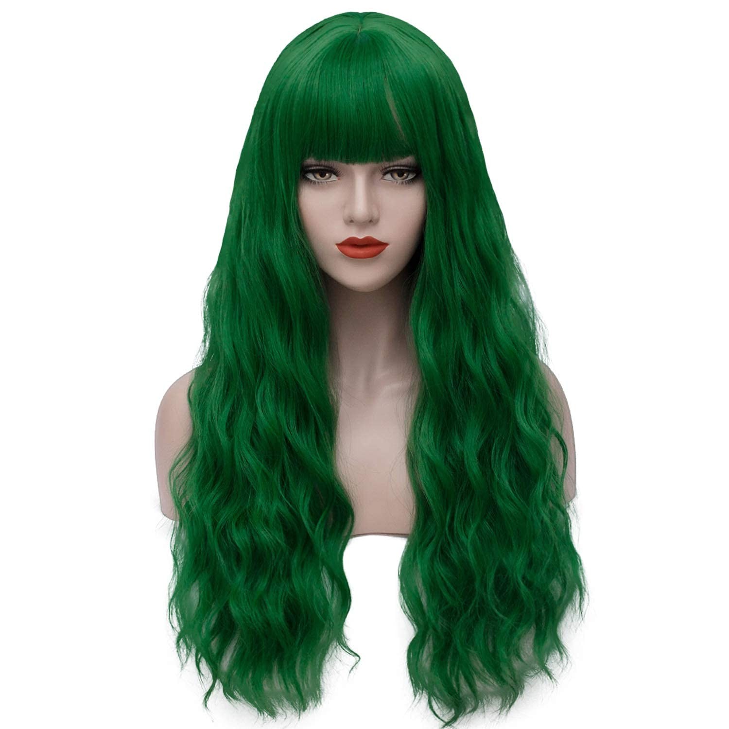 Womens Long Curly Wavy Green Wig with Bangs Synthetid Heat Resistant Hallowee…