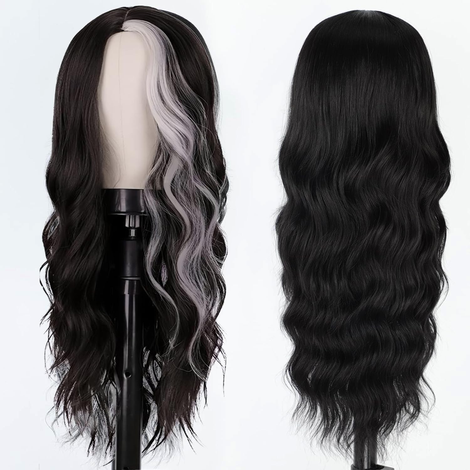 Long Wavy Black White Wigs for Women 26 Inch Middle Part Curly Wavy Wig Natur…