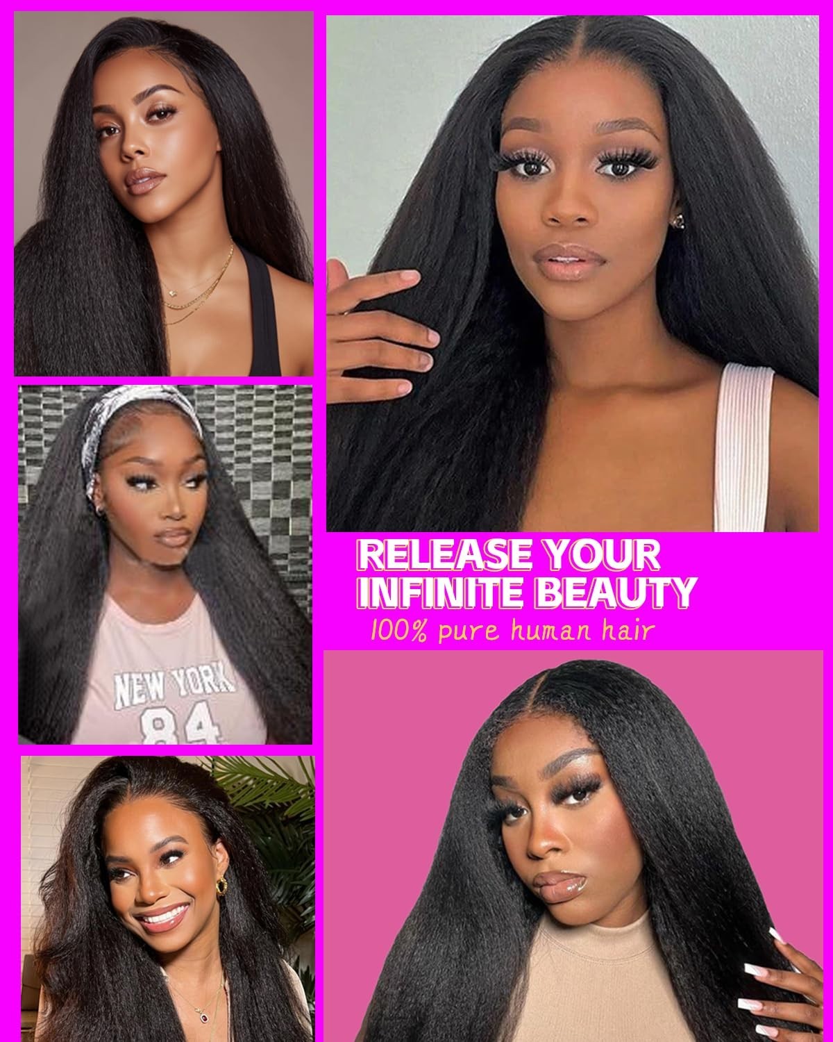24″ Kinky Straight Human Hair V Part Wig, 200% Density, Glueless Clip-In Half Wi
