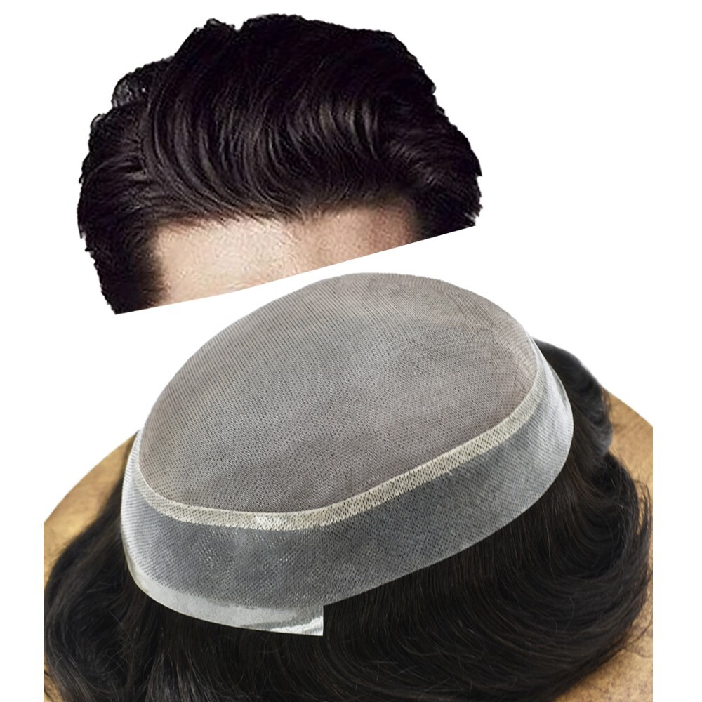 Mens Toupee 100% Human Hair piece Fine Mono Poly Skin Around Wig for Men TS-1