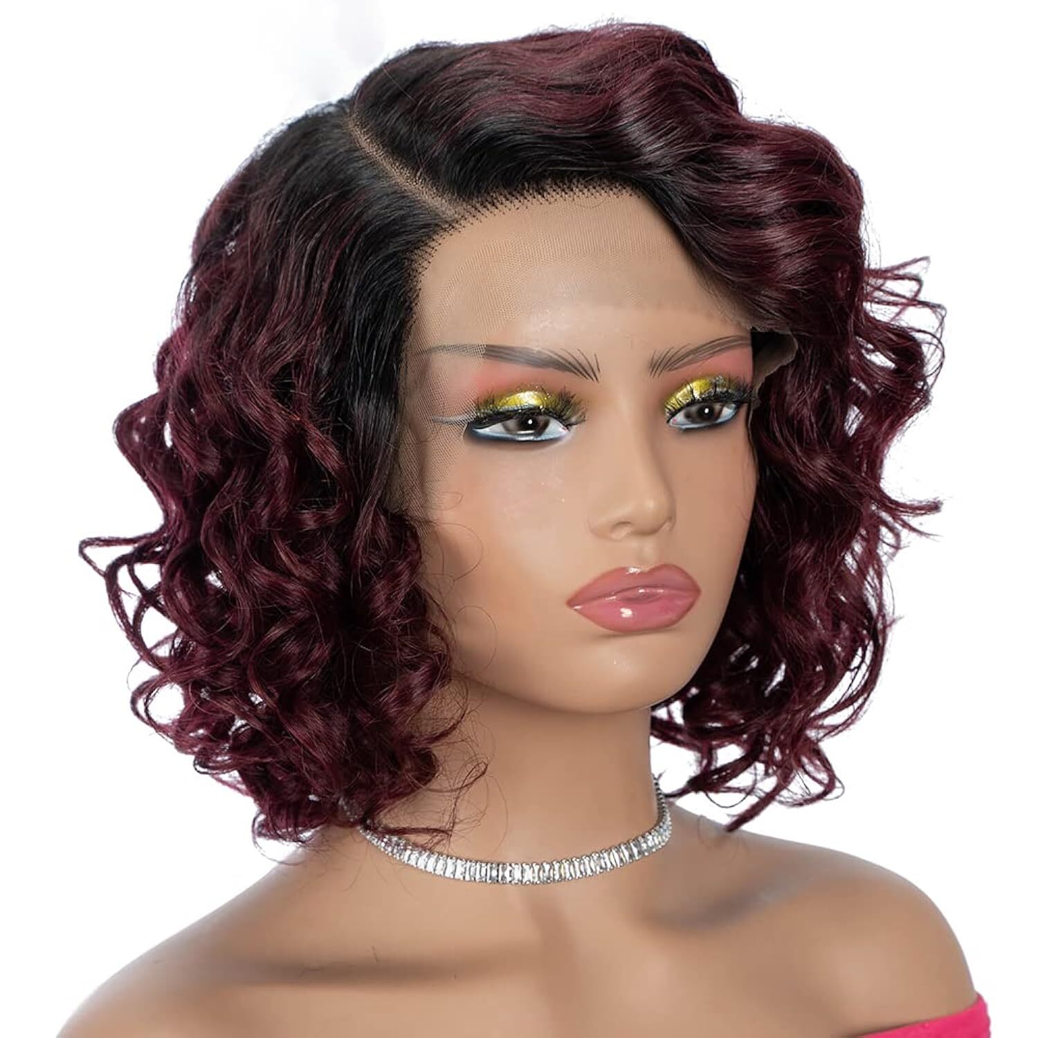 12 Inch Water Wave Bob Lace, C Part, Ombre Natural to Burgundy, 100% human hair