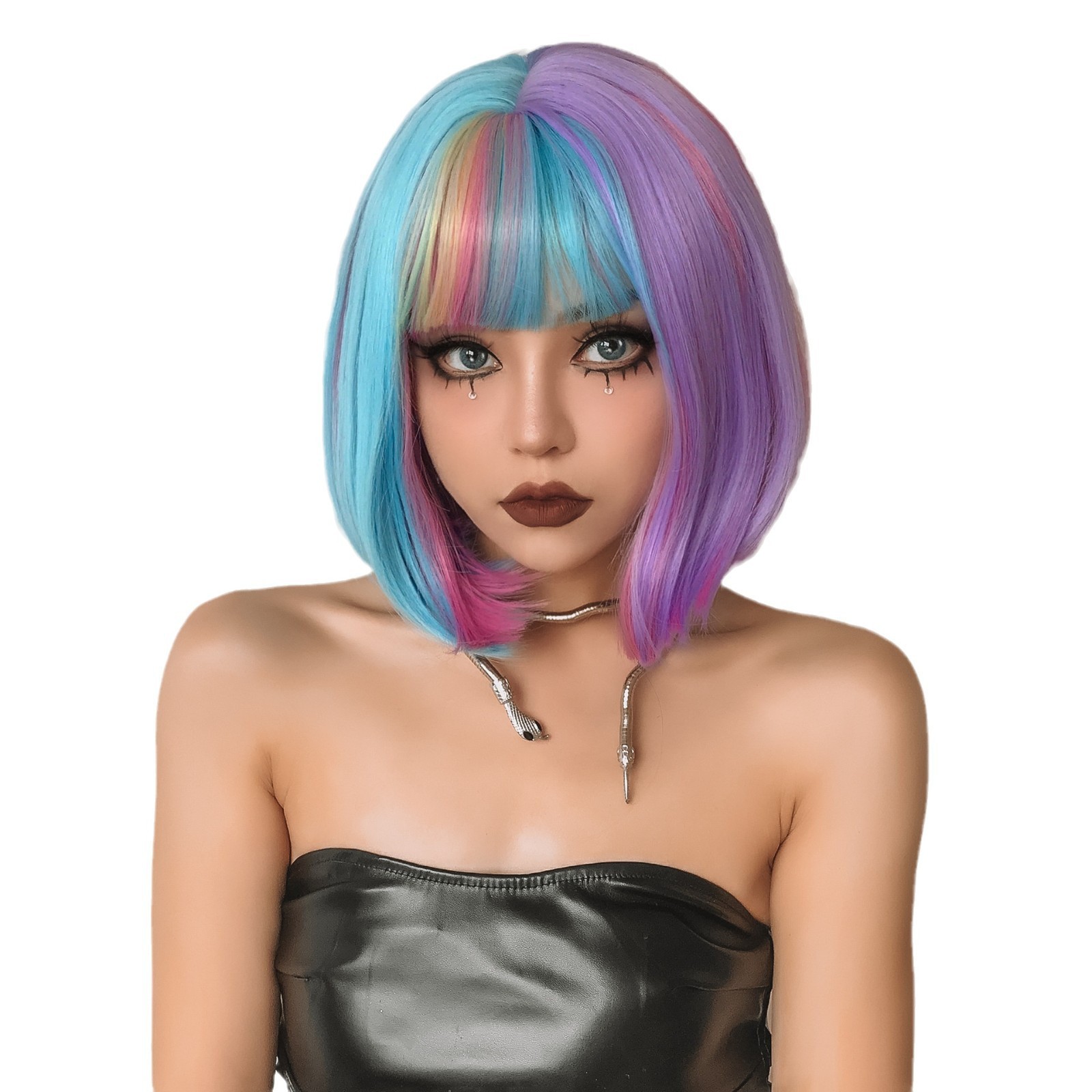 Blue-purple wave head high quality synthetic wig-suitable for daily wear. Holida
