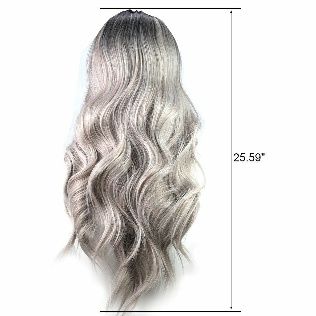 Women Gray Silver White Ombre Lace Long Wavy Curly Blonde Wig Synthetic Hair US
