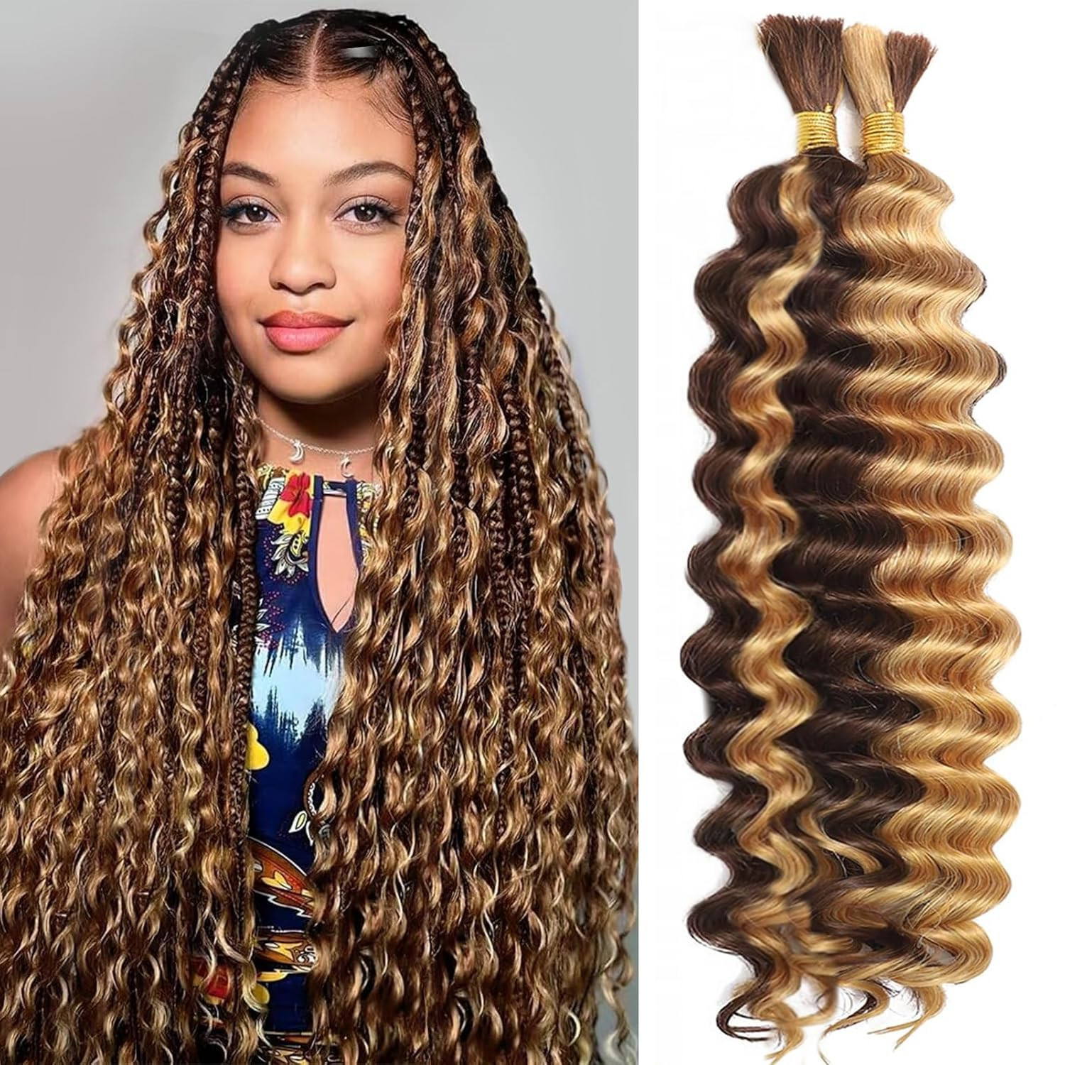 Human Braiding Hair for Boho Braids 4/27 Highlight Ombre Deep Wave Bulk Human Ha