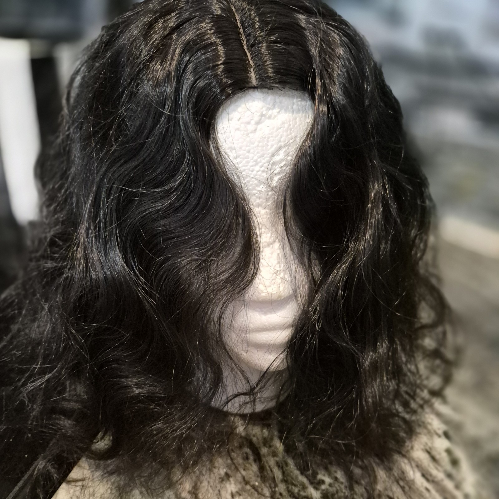 Black Center Part Asymmetrical Wavy Bob Neck Length Hair Wig