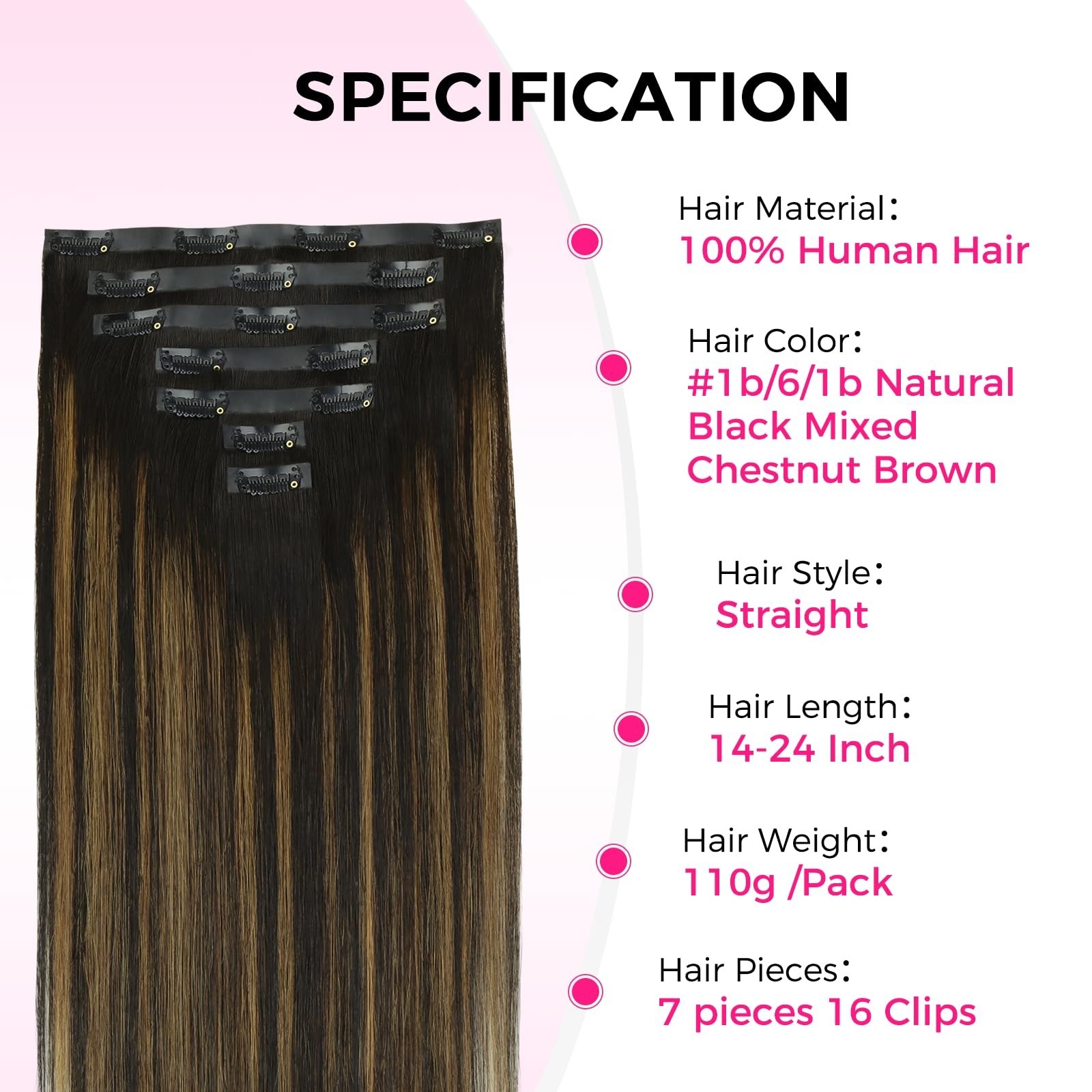 18″ 110g Clip-in Hair Extensions, Seamless PU, Virgin Human Hair, Natural Black
