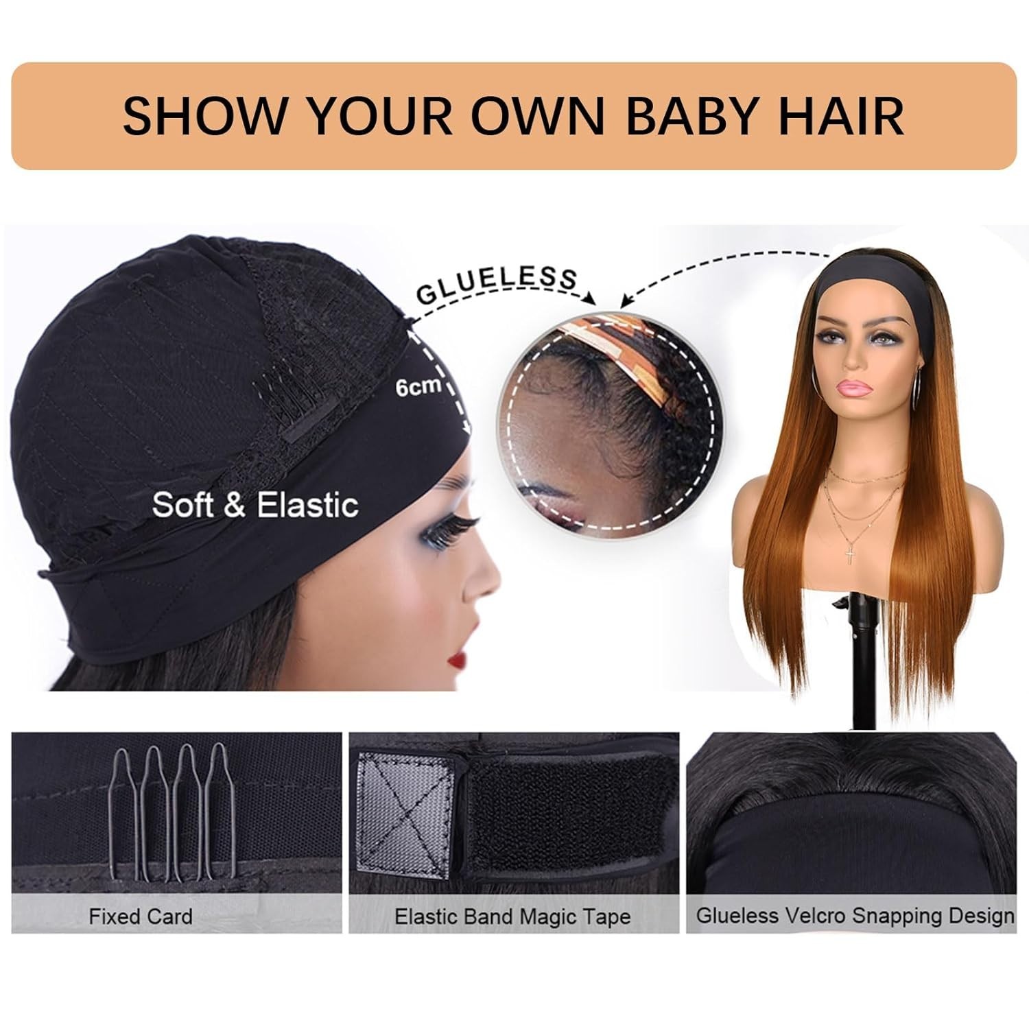 Headband Wig Synthetic Straight Brown 4/30 Long Natural Look Daily Wear