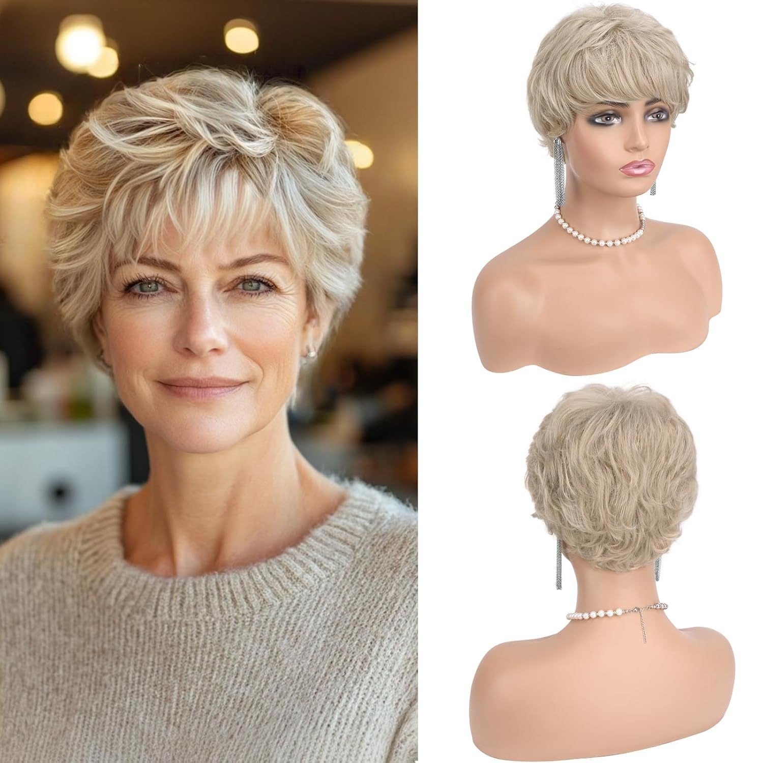 Brown Blonde Short Curly Wig for Women European American Rose Net Synthetic Wig