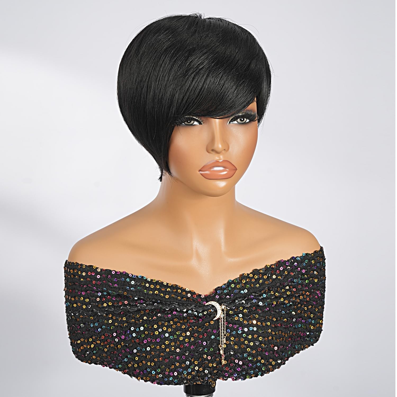 Short Pixie Cut Wig Human Hair Natural Black Glueless Full Machine Made 6 Inch