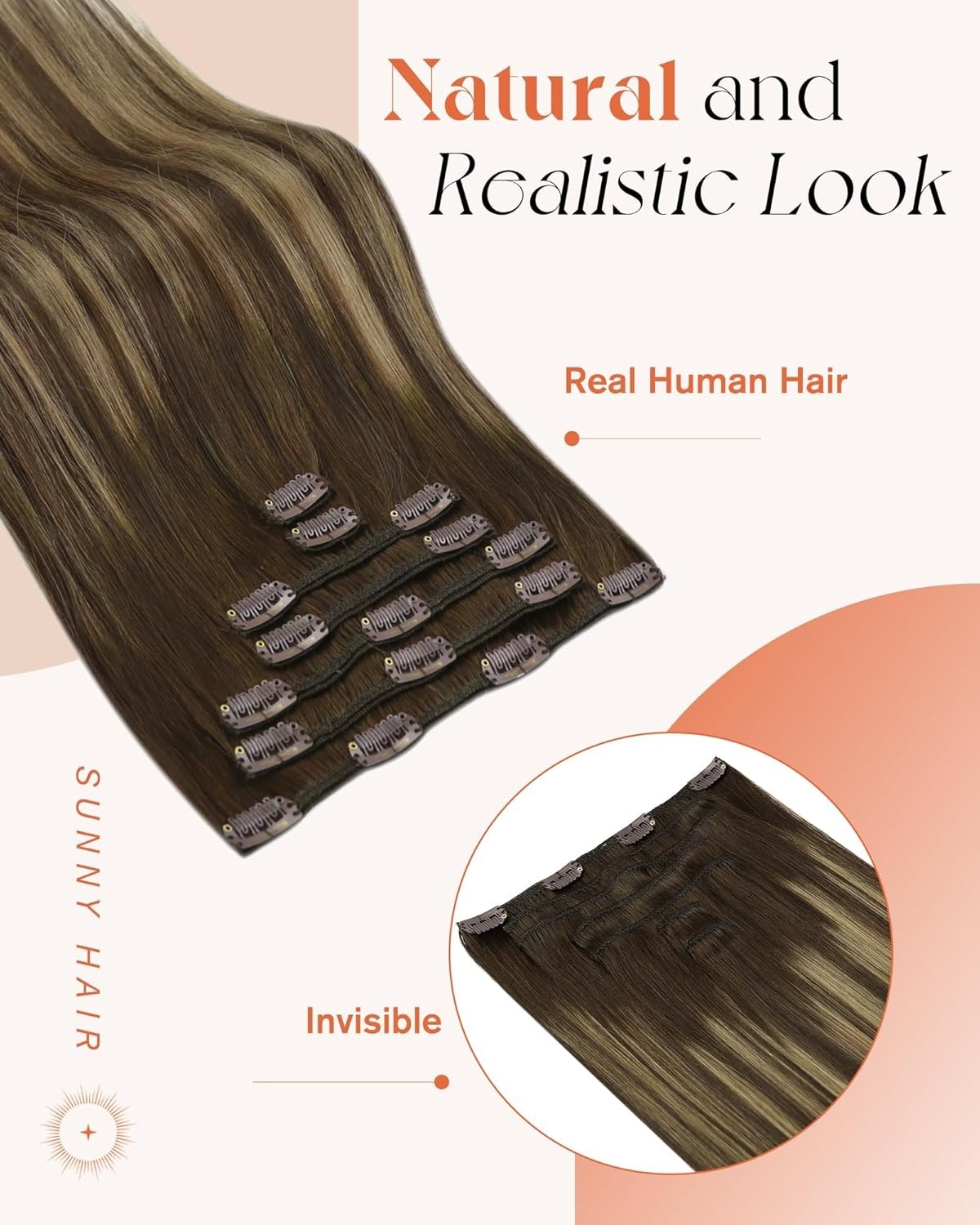 Sunny Hair CLIP-IN 18in Brown/Blonde Straight Human Hair Extensions CP 4-4-27
