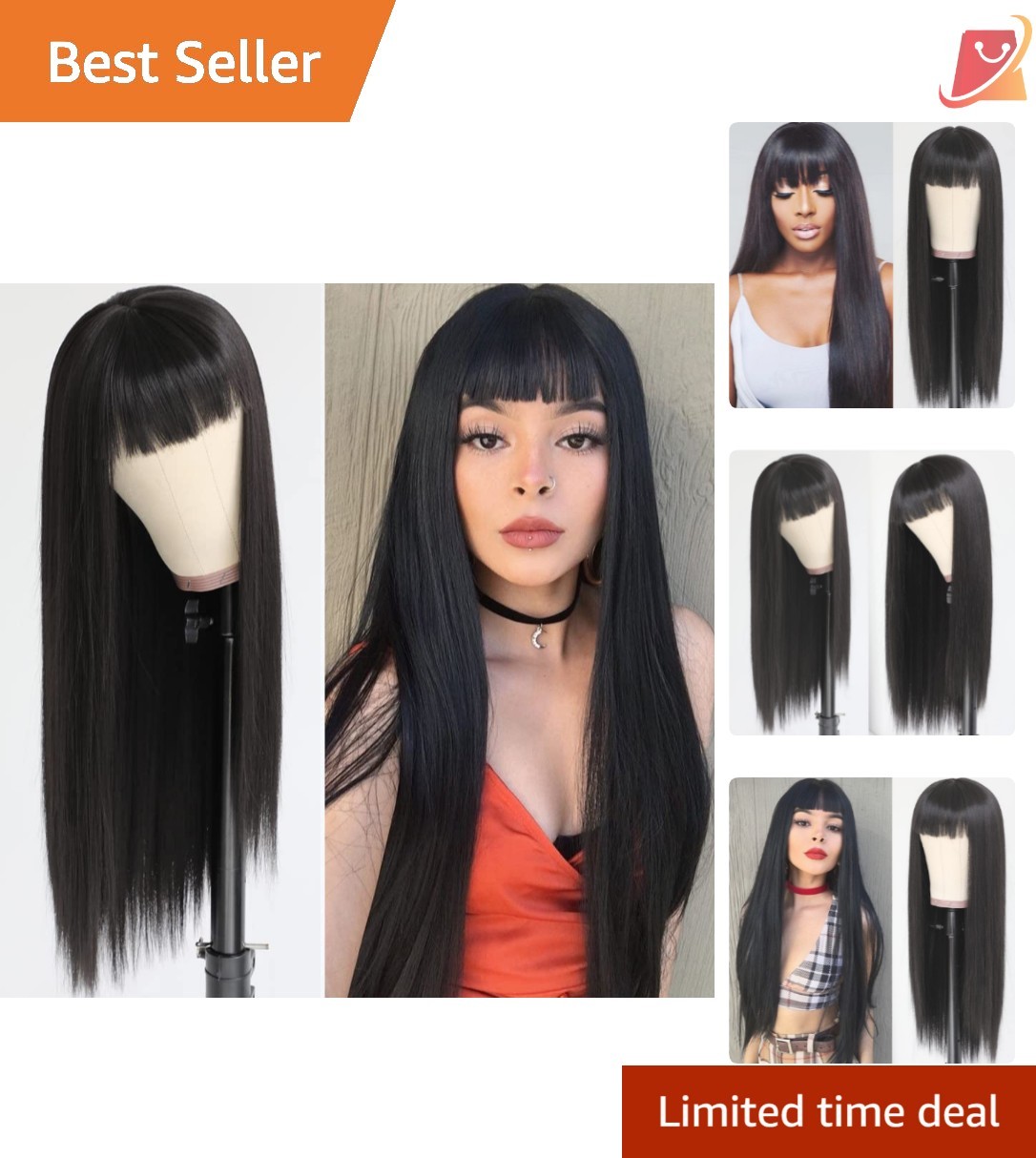 Synthetic Hair Wig 24 Inch Black Straight No Lace Full Bangs Youthful Style