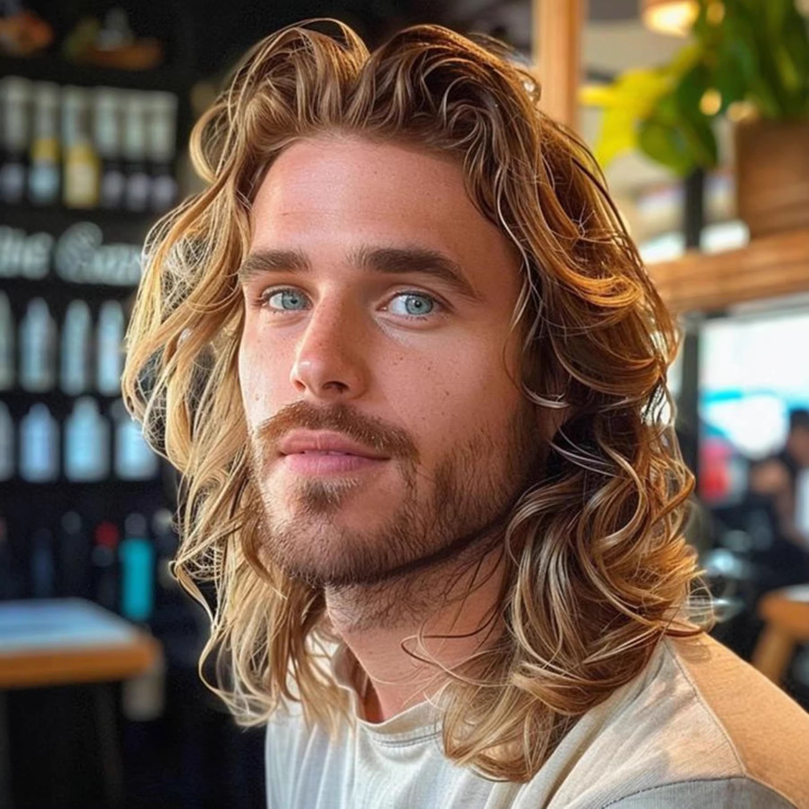 Brown Middle Part Long Curly Wig for Men Rose Net High Temperature Fiber Wig