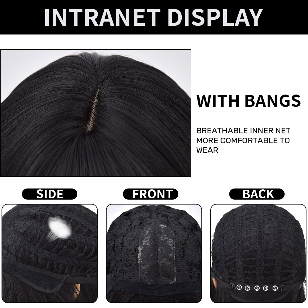 Cosplay Wig With Bangs Heat Resistant Hair Long Wavy Layered Women Black