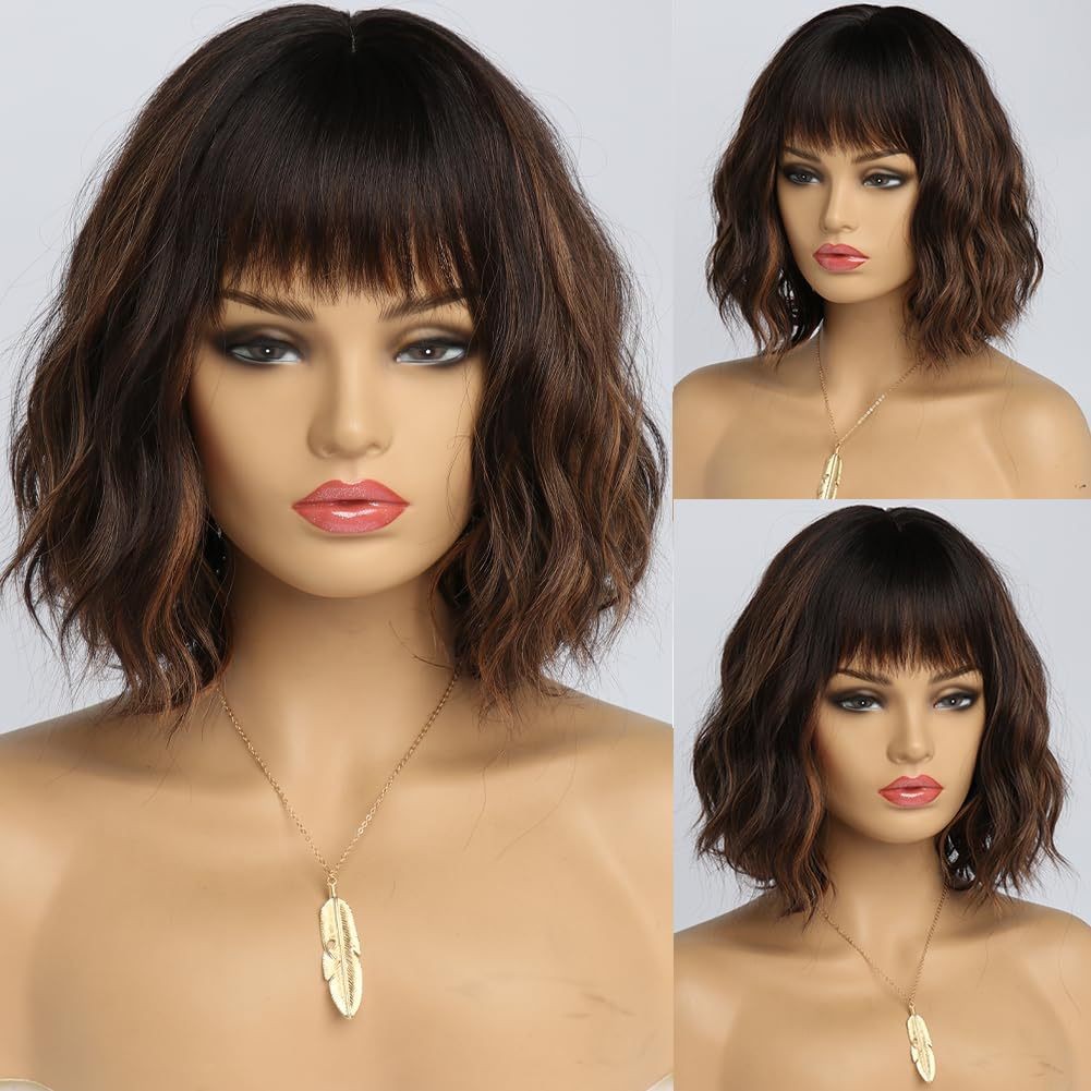 Mixed Color Water Wave Short Curly Wig with Bangs Heat Resistant Synthetic Full