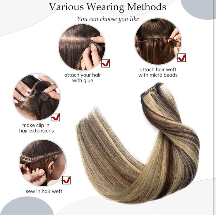 Sew in Hair Extensions Real Human Hair 22 Inch 120G #4/18/24 Balayage Brown Mix