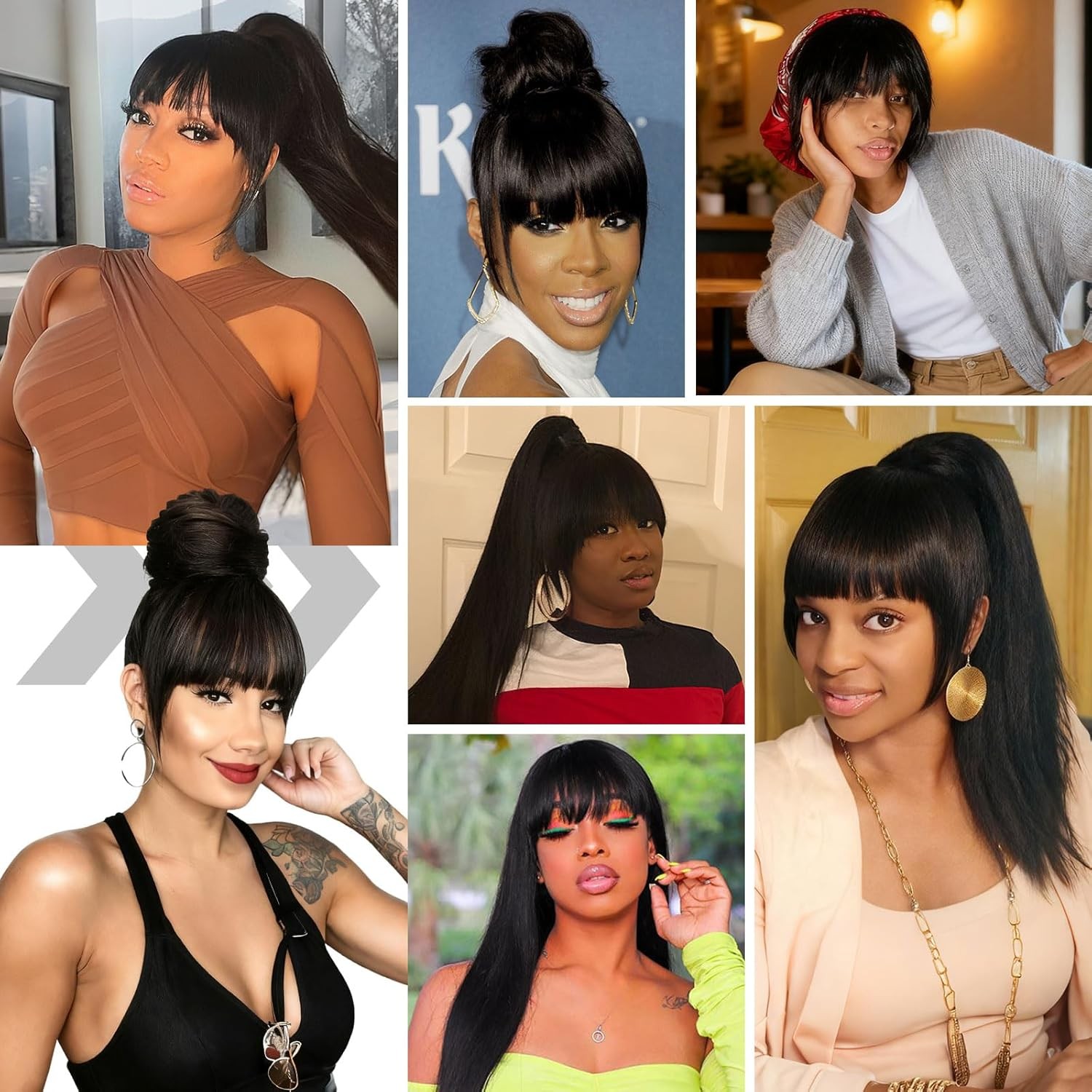 Black Women Clip in Bangs Yaki Kinky Straight Hair Extensions Short Hair