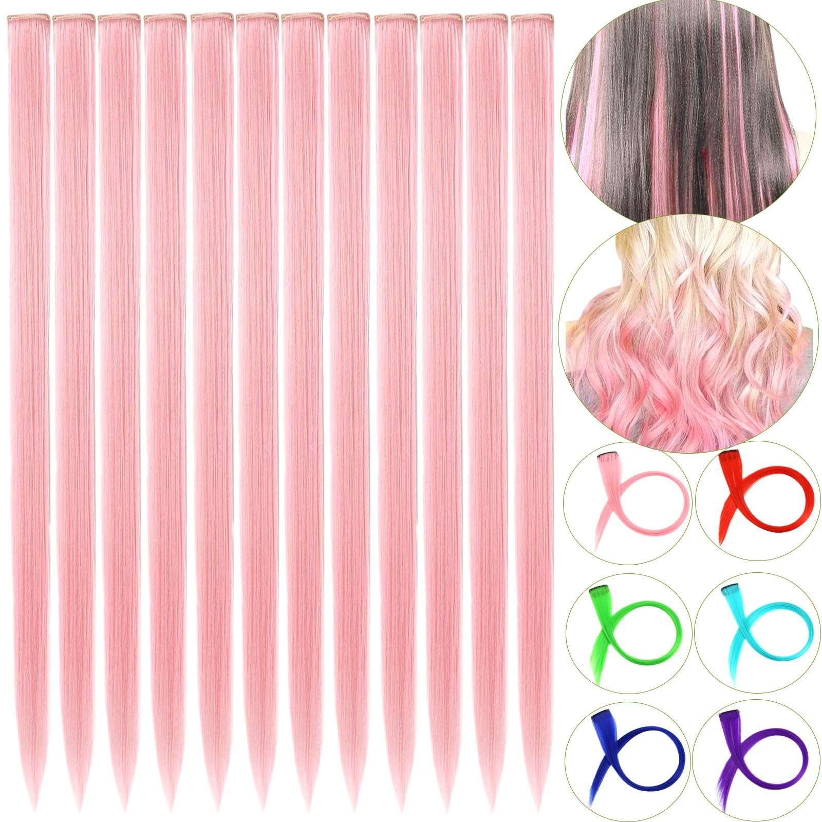 Pink Hair Extensions Clip in, 22″ Colored Highlights Hair DIY Accessories