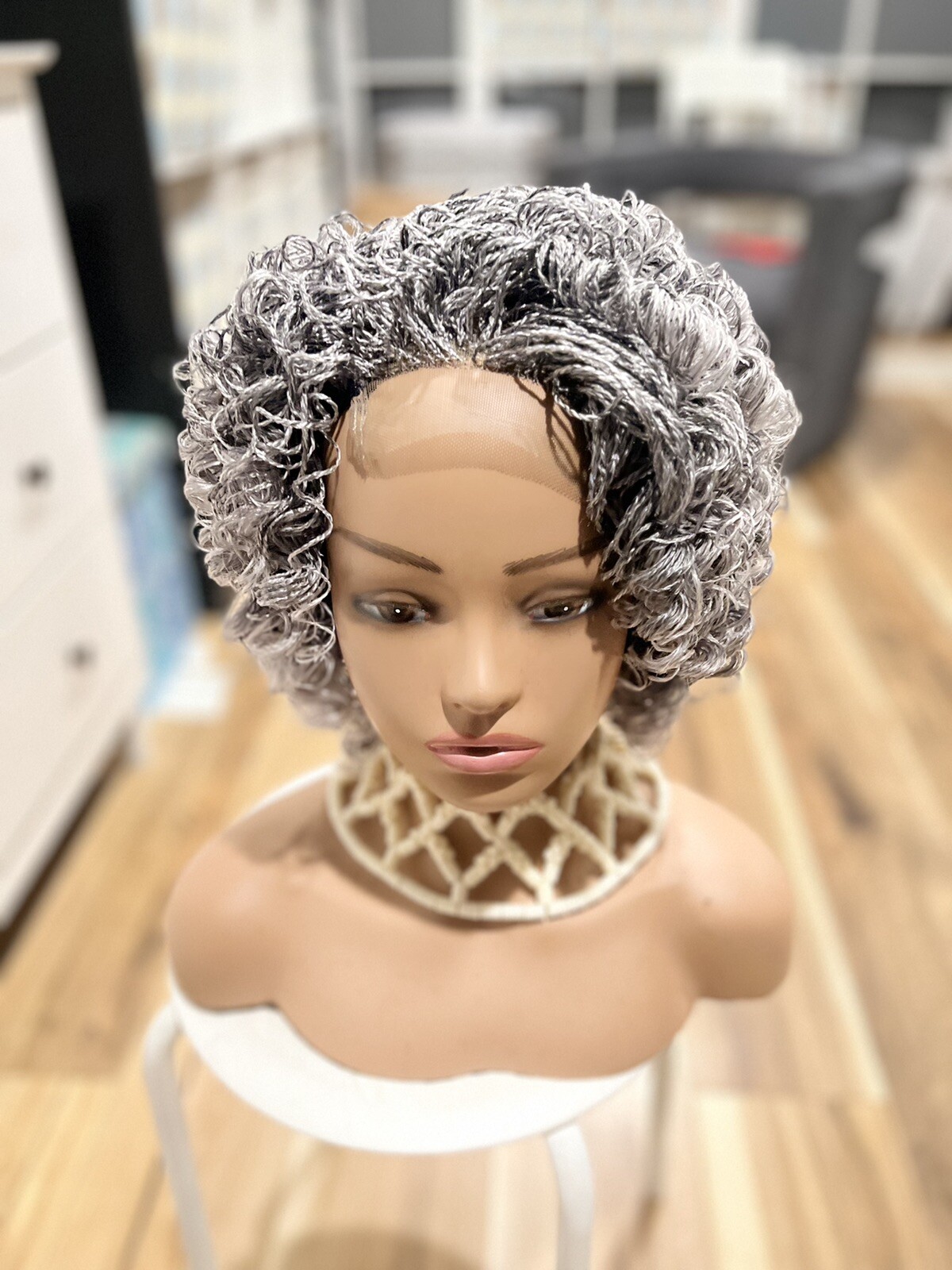 Braided Micro Twist Curly Gray Wig. Stays Curly Just As Pictures.READY TO SHIP.