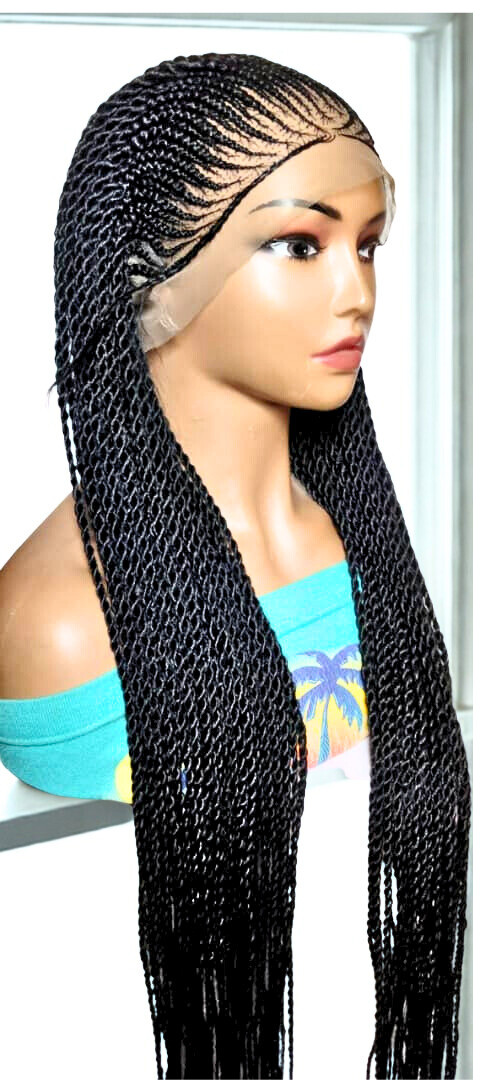 Black Braided Wig. Cornrow Twist Braids. Full Lace with Baby Hair.