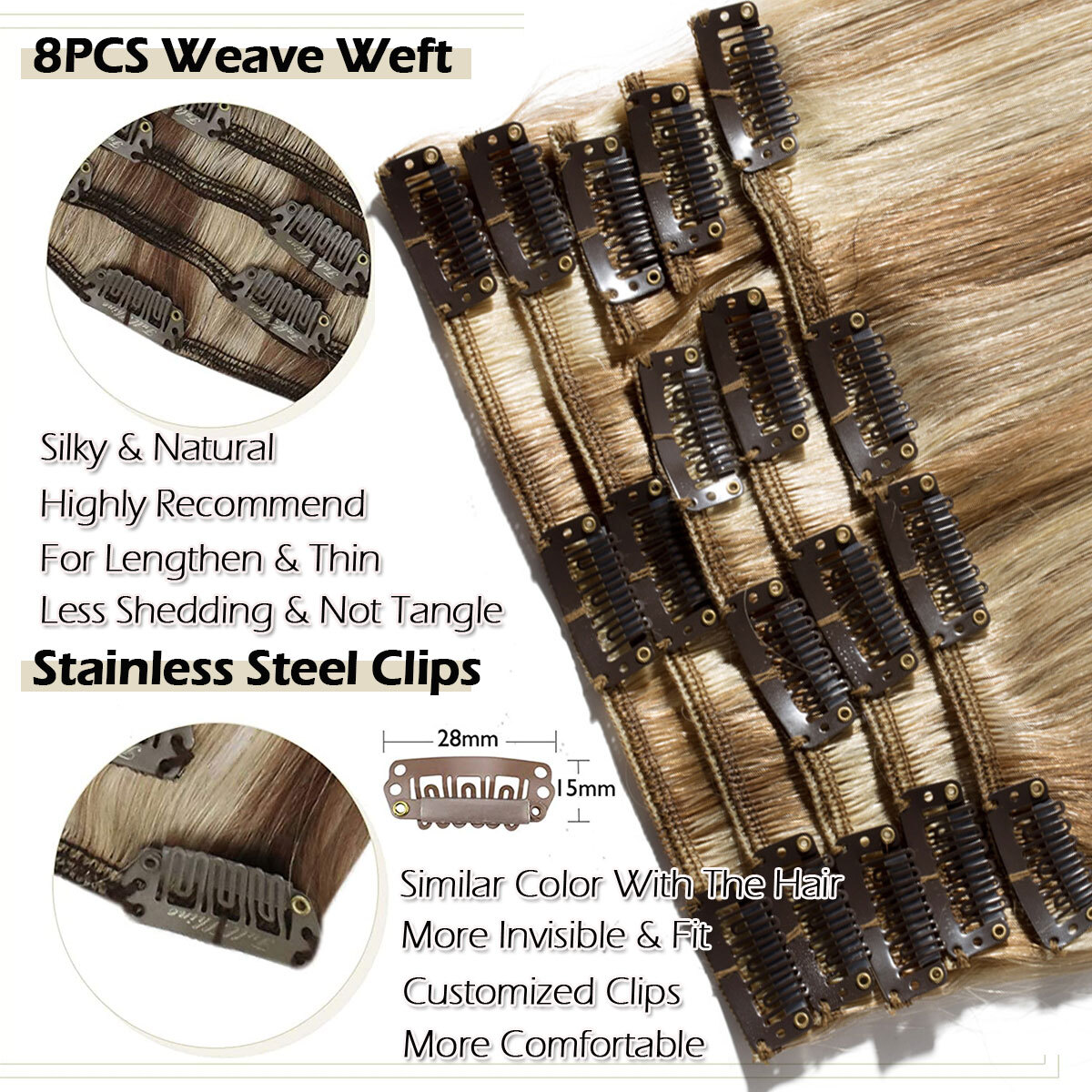 Ombre 100% Human Hair Extensions 8 Pieces Clip In Real Remy Hair 8PCS FULL HEAD