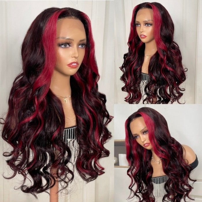 99j Red Burgundy Black Hair Highlight 13×4 Lace Front Human Hair Wig Pre Plucked
