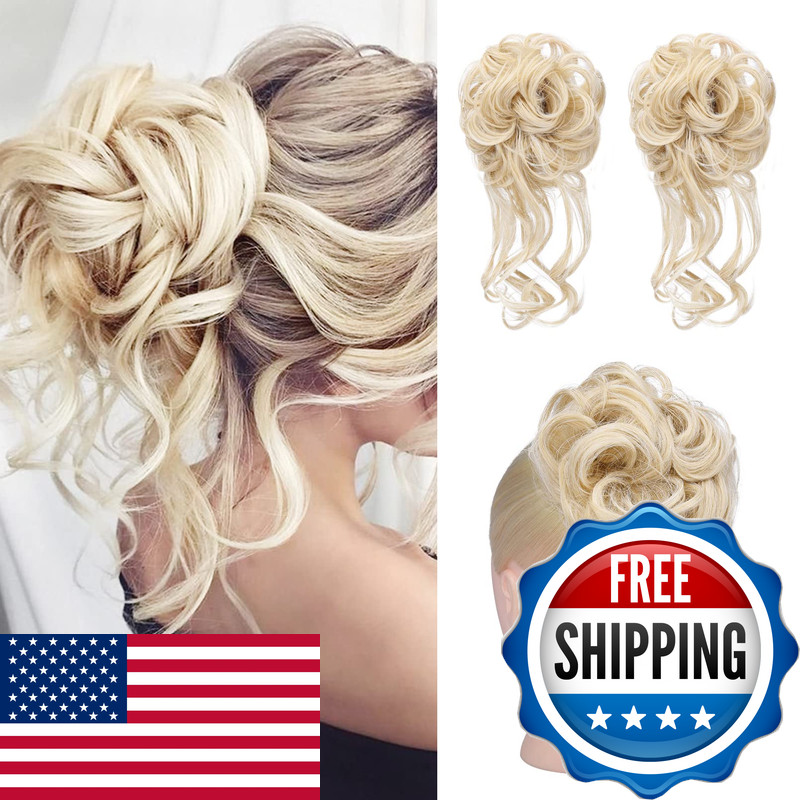 Hoojih Messy Bun Hair Piece 2Pcs Tousled Updo Tendrils Hair Bun Extensions Wavy