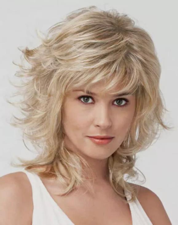Mid Length Shag Capless Wavy Layered Synthetic Hair Wigs For Women Natural Daily