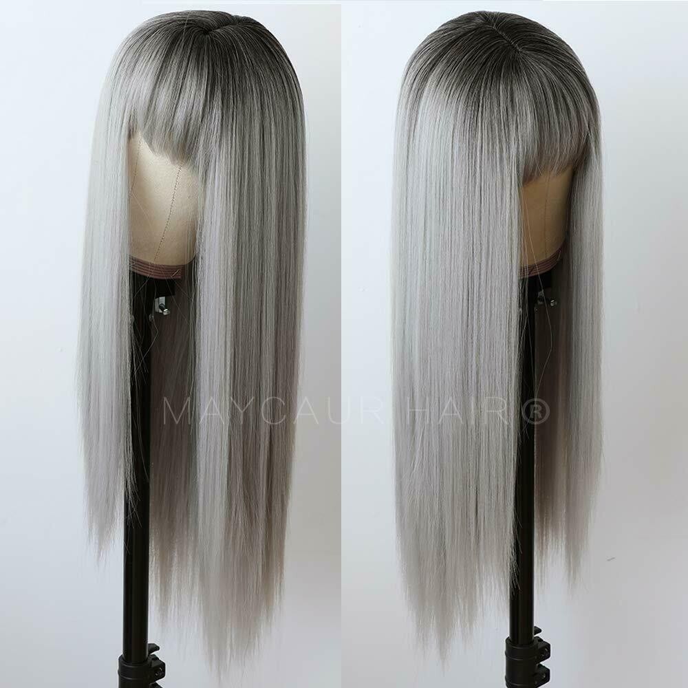 Ombre Black Gray Long Straight Hair Full Bangs Wig Heat Safe Synthetic Wig Party