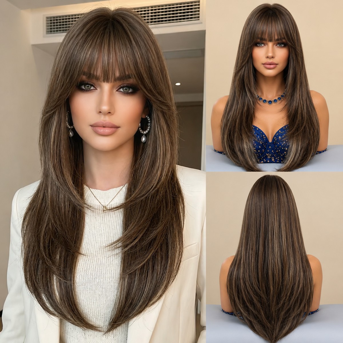 Mixed Brown blonde Long Straight Synthetic Hair Layered Costume Wig With Fringe
