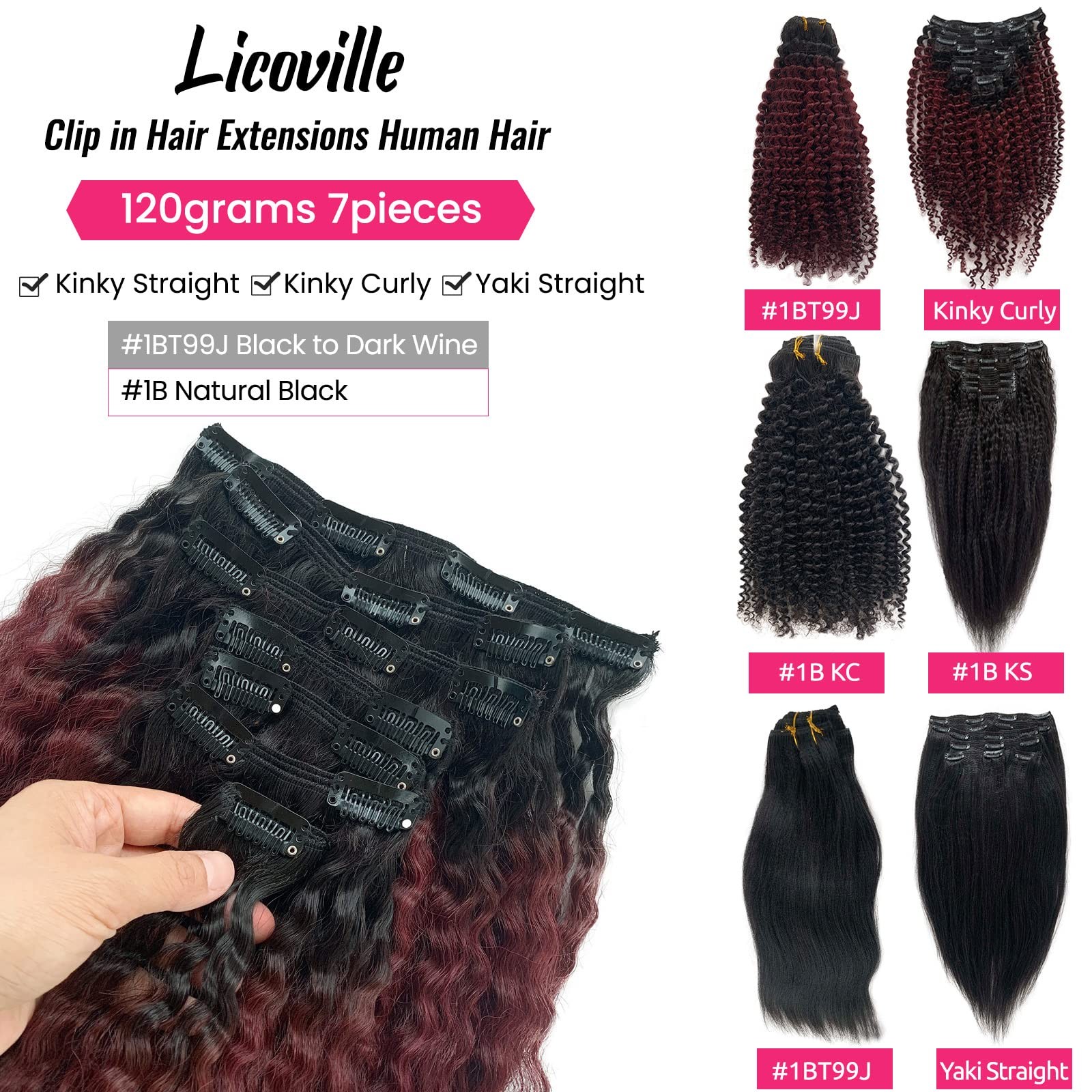 Kinky Straight Clip in Extensions Human Hair Ombre 99j Clip on Hair Extension…