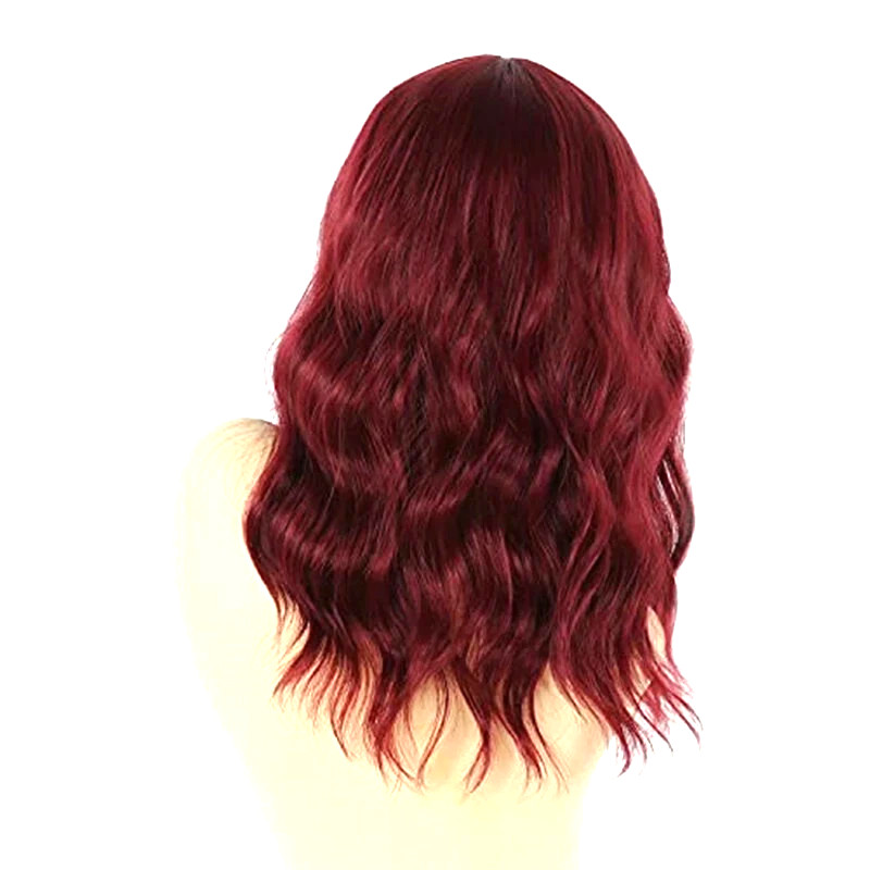 16in Burgundy Red Wig with Bangs Wavy Synthetic Wigs for Black Women Heat Safe