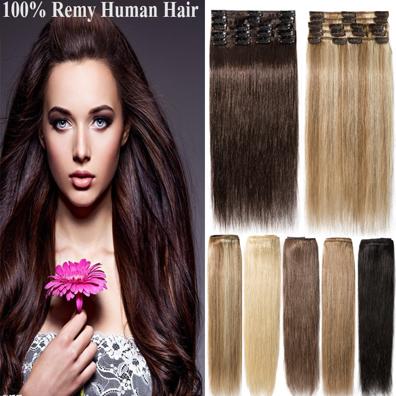 8PCS 16″ 18″ 20″ 22″ Real Remy Full Head Clip in 100% Human Hair Extensions J034
