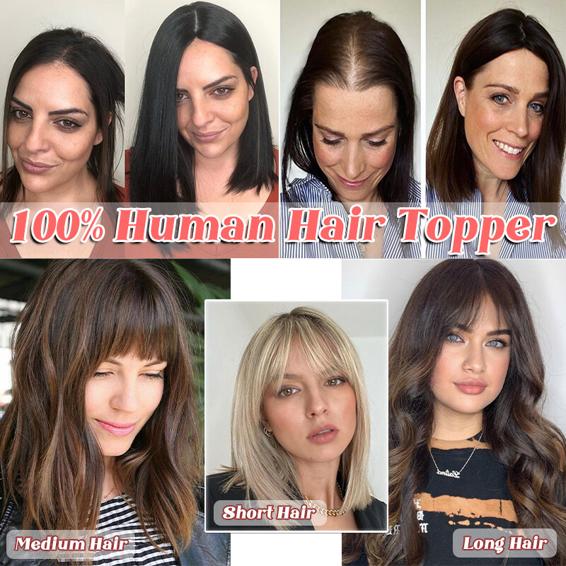 Clip In Top Real Human Remy Hair Topper Women Toupee Hairpiece Bangs Middle Part