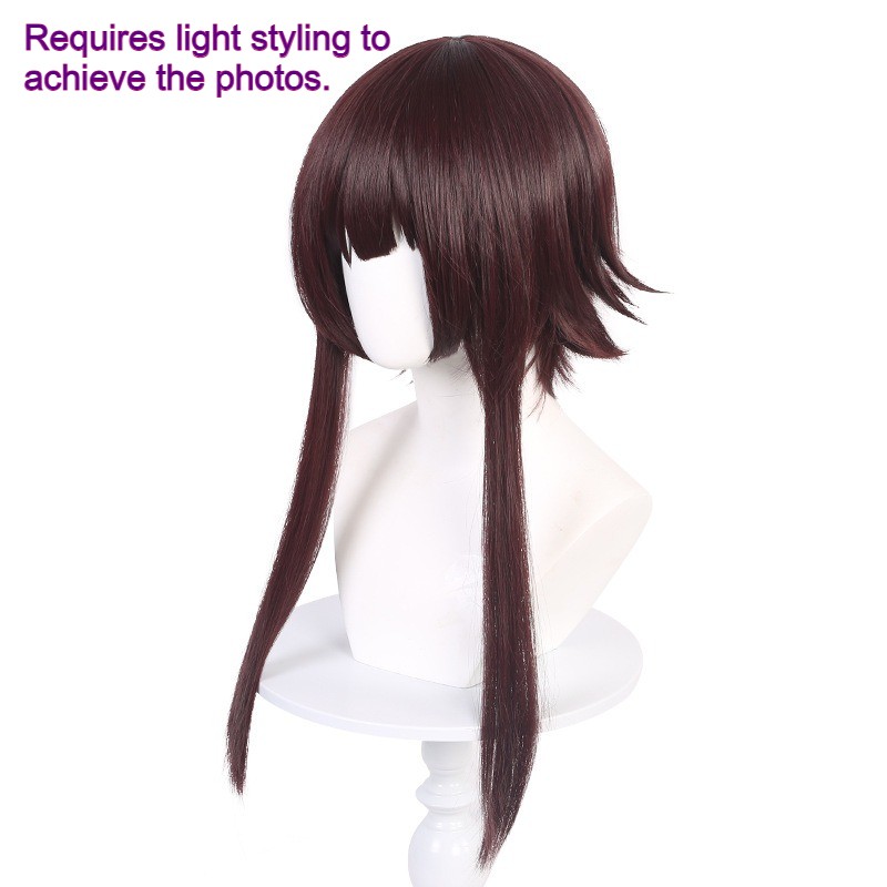 Shoulder Length Dark Reddish Brown Layered Straight Wig Blunt Bangs Synthetic