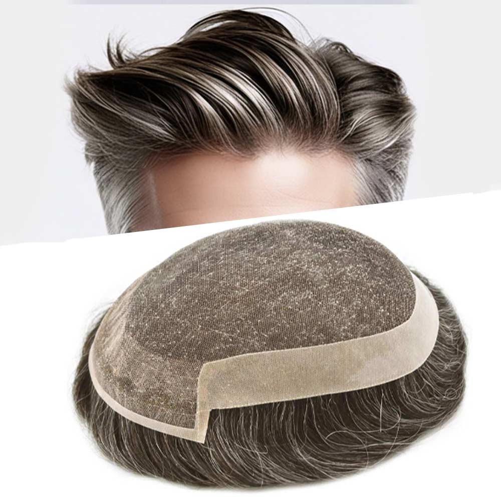 French Lace Front Mens Toupee Human Hair Replacement System Poly Skin Hairpiece